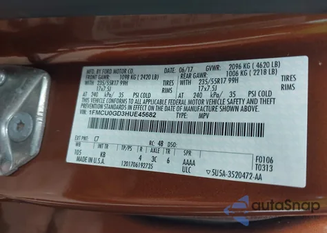 2017 Ford Escape Se z USA, uszkodzony, nr VIN 1FMCU0GD3HUE45682